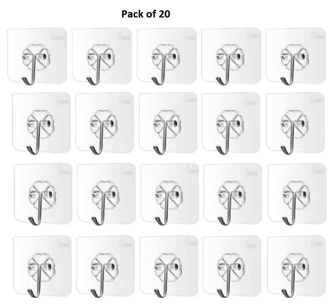 Self Adhesive Wall Hooks, Heavy Duty Sticky Hooks for Hanging 10kg (max), Waterproof Transparent Hooks for Wall (Pack of 20)